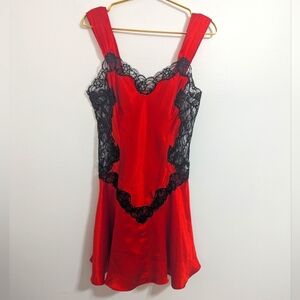 Vintage Gold Label Victoria's Secret Small Red Satin and Black Lace Chemise